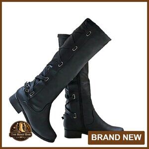 Women's Knee High Motorcycle Boots Lace Up Strappy Flat Heel Riding Shoes